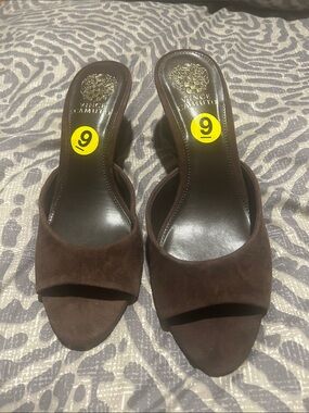 Vince Camuto Dark Brown Suede Open-Toe Slip-On Mules
